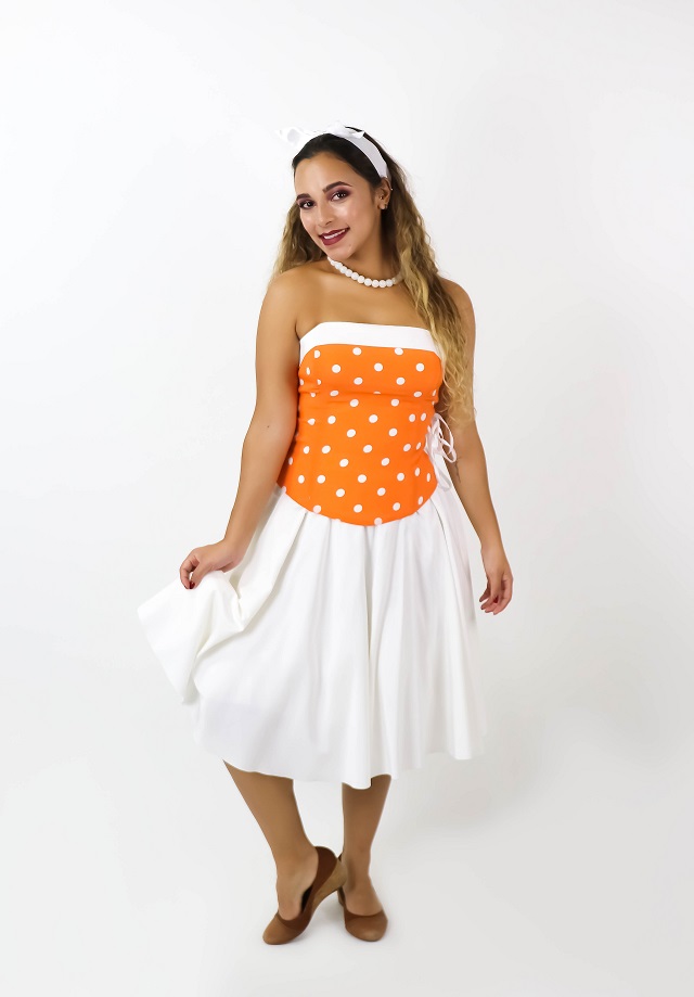 50s Corpete laranja bola saia branca 